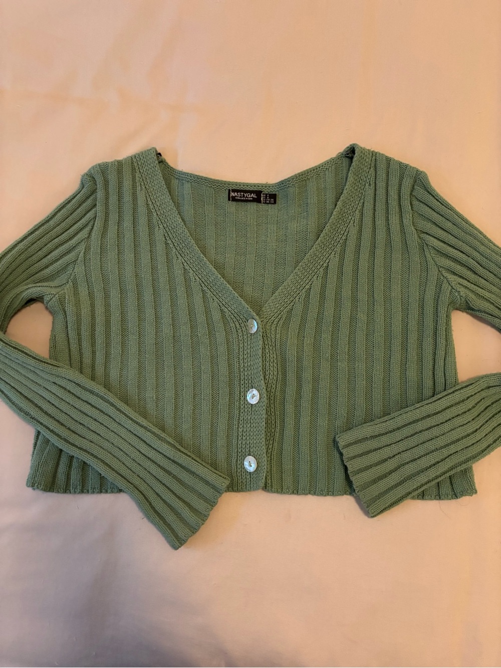 Nasty Gal Sage Green Ribbed Cropped Cardigan